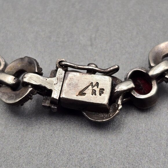 VTG Sterling Silver Garnet & Marcasite Link Bracelet 7.5" RF Hallmark Box Clasp - Picture 8 of 14